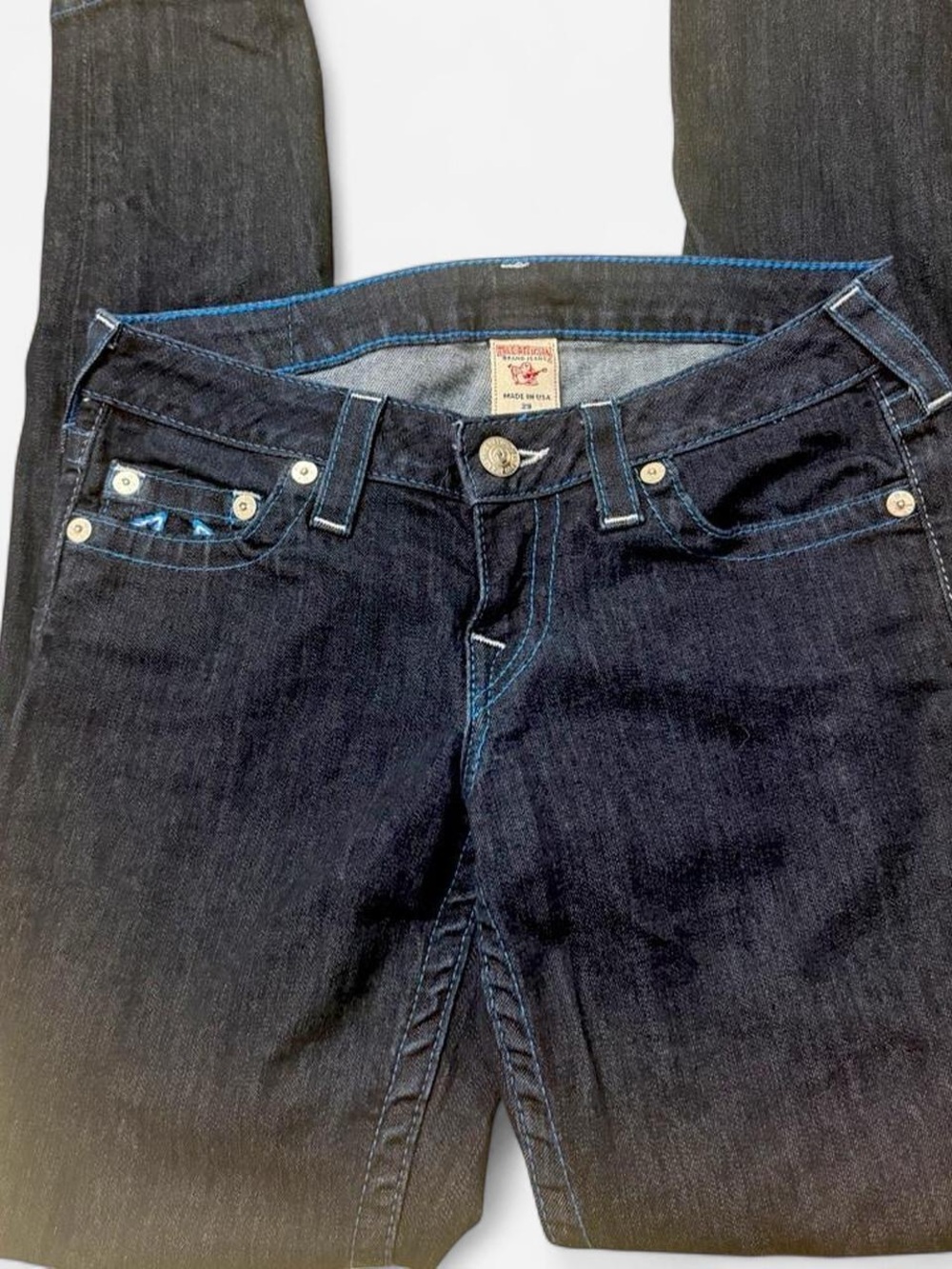 True Religion Dark Indigo Skinny Jeans with Blue Contrast Stitching